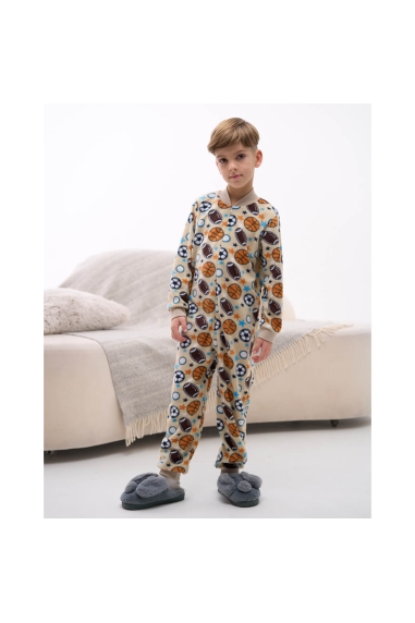 Піжама-комбінезон для хлопчика бежевий М'ячі мікрофліс