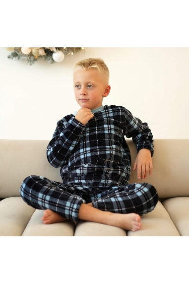 Піжама тепла для хлопчика Клітинка синій велсофт - 1
