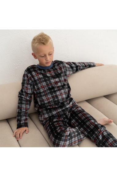 Піжама тепла для хлопчика Клітинка синій велсофт