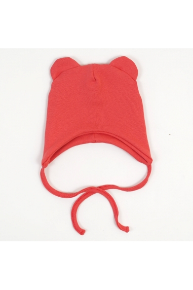 Шапочка з вушками однотонна на зав'язках подвійна коралова стретч