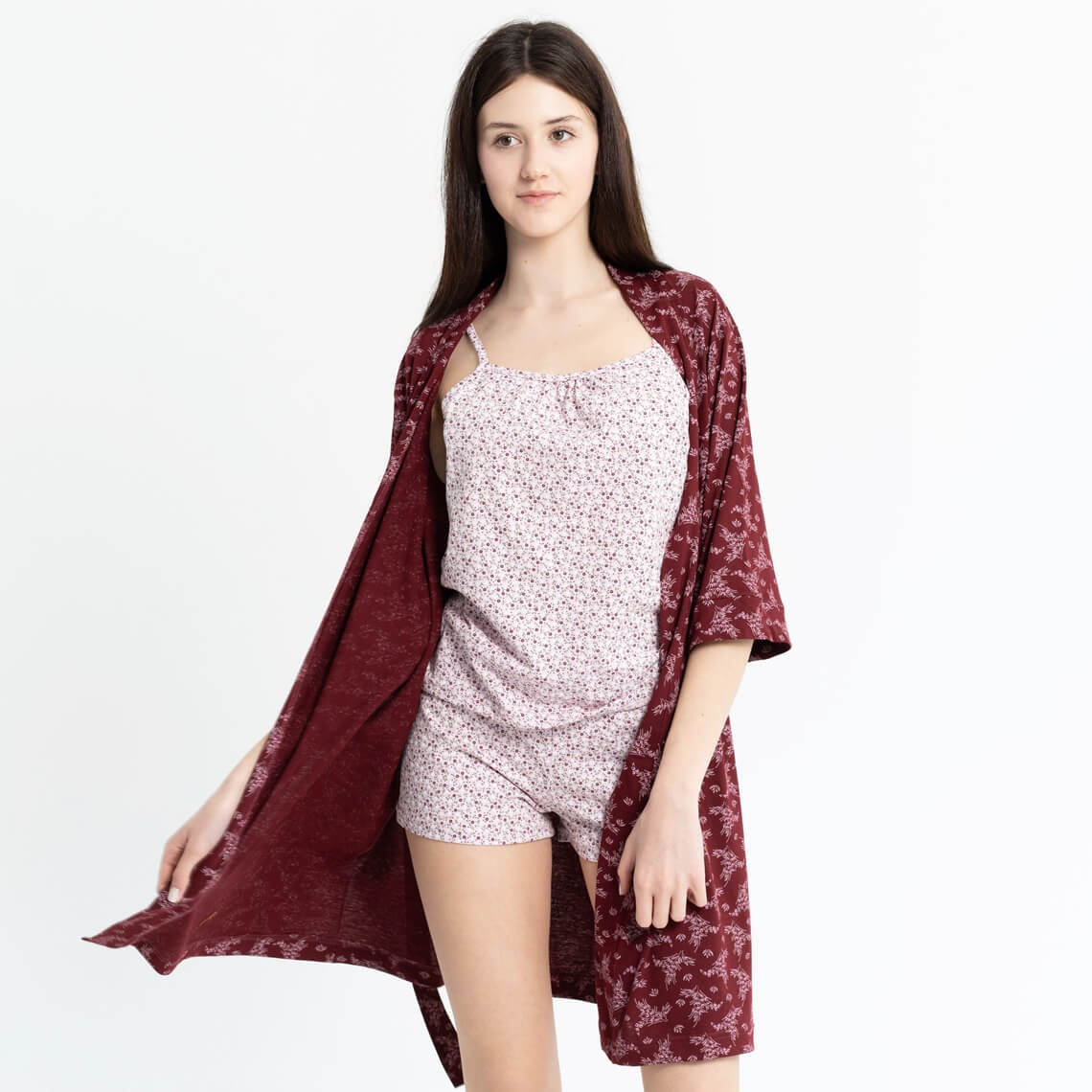 Комплект жіночий халат та піжама бордо кулір-пеньє