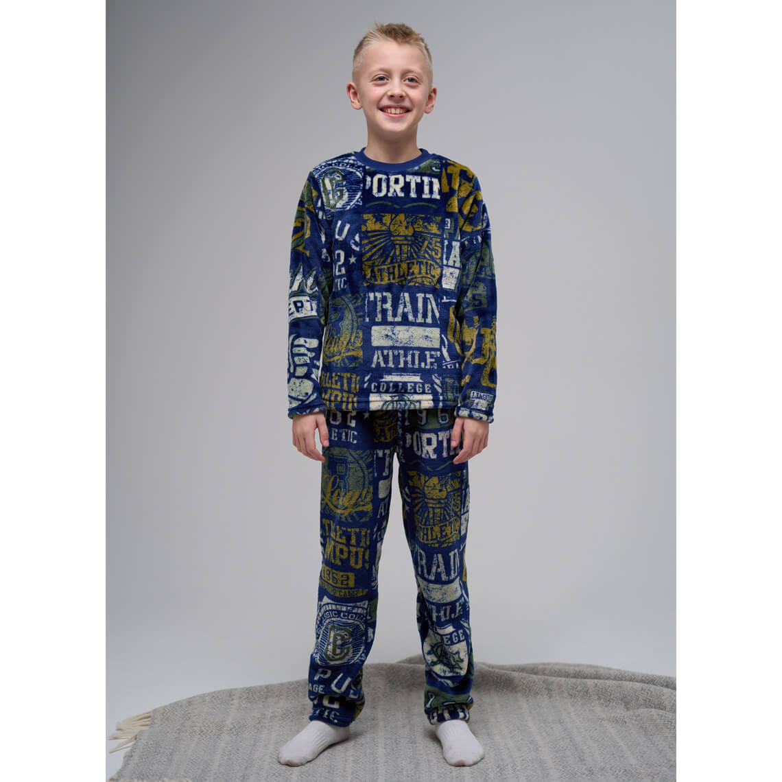 Піжама тепла для хлопчика Надписи синій велсофт