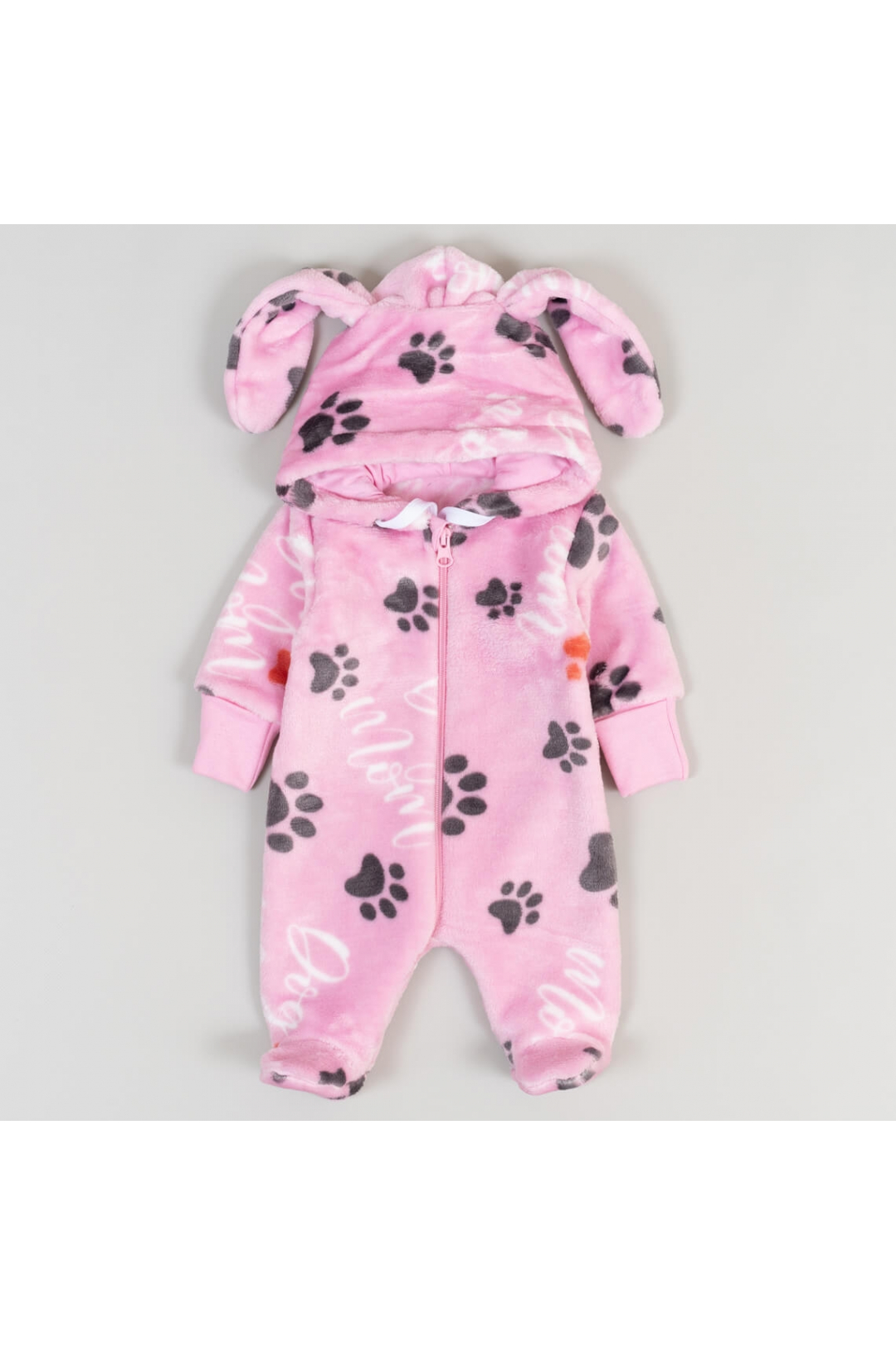 Комбінезон пухнастий з вушками для малят Лапки рожевий велсофт