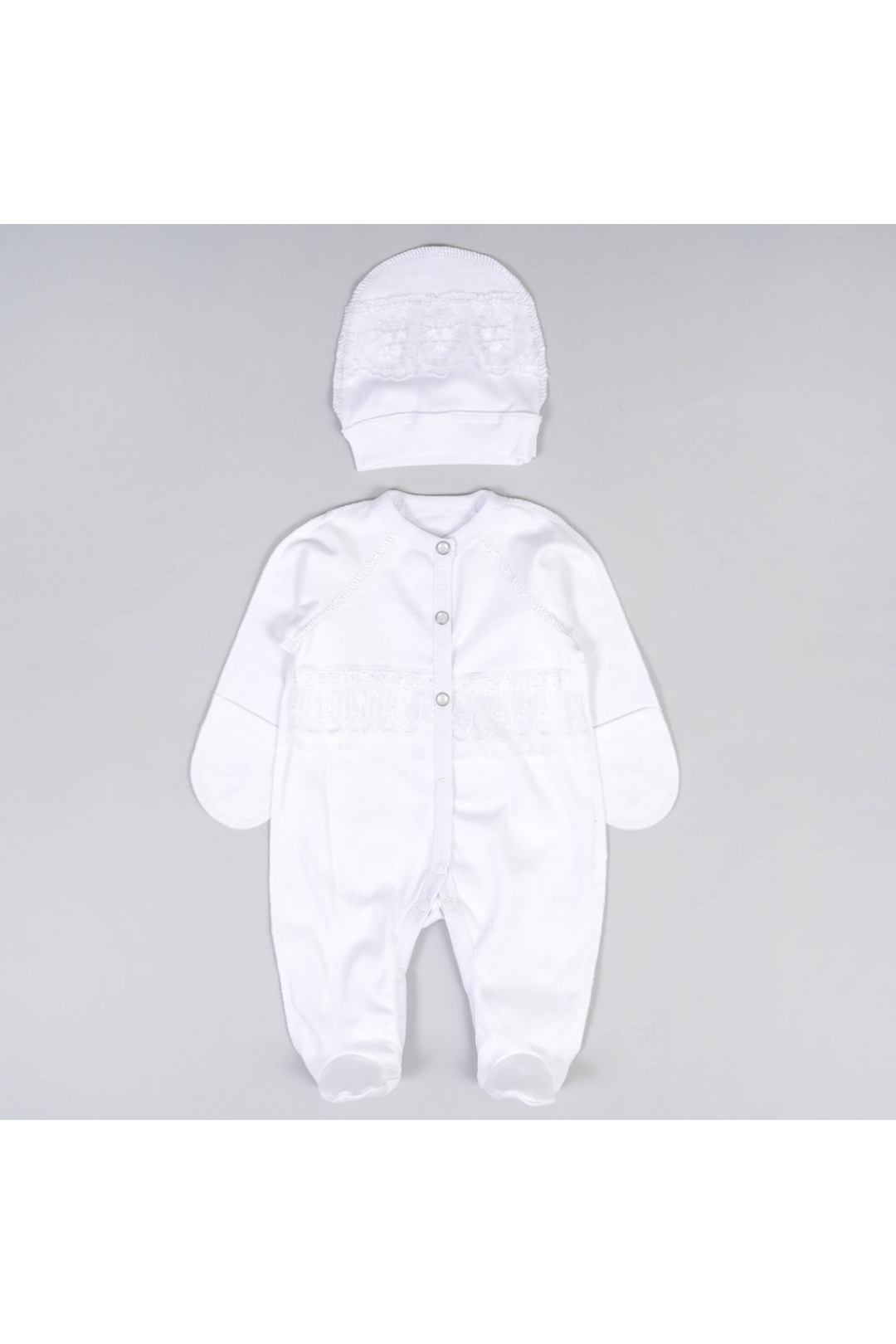 Комплект чоловічок з мереживом для новонароджених білий інтерлок