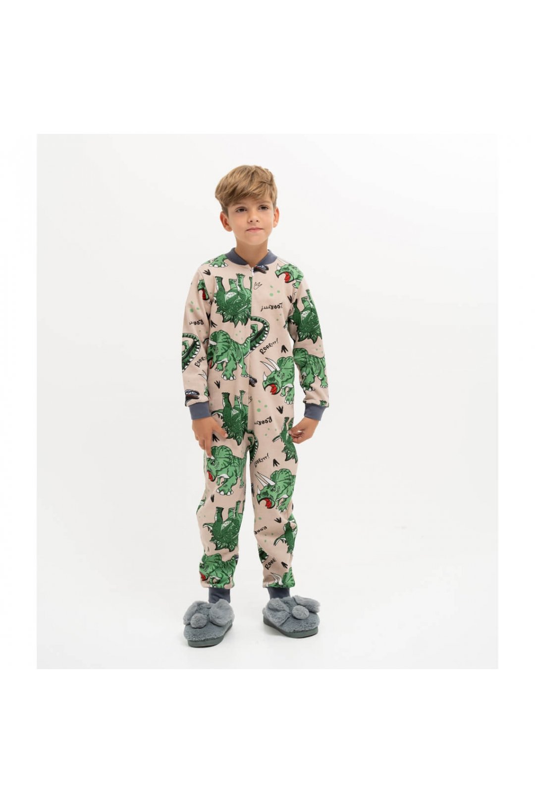 Піжама-комбінезон для хлопчика Зелені Діно ментоловий начіс (футер)