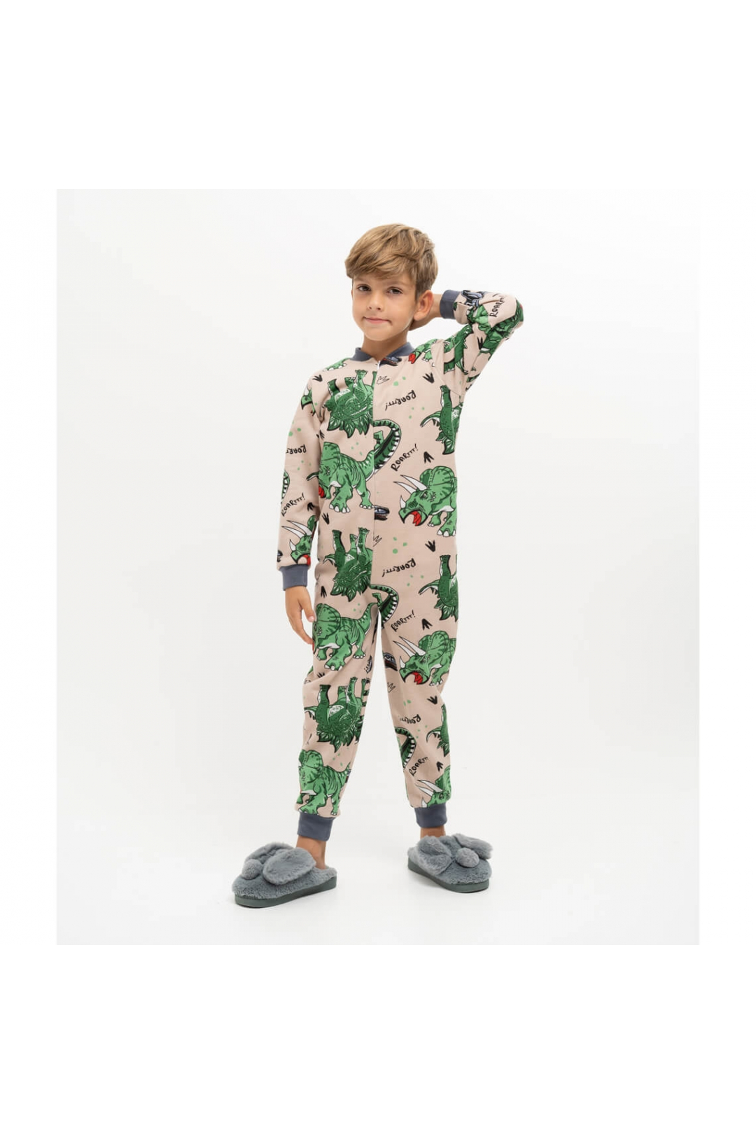 Піжама-комбінезон для хлопчика Зелені Діно ментоловий начіс (футер)