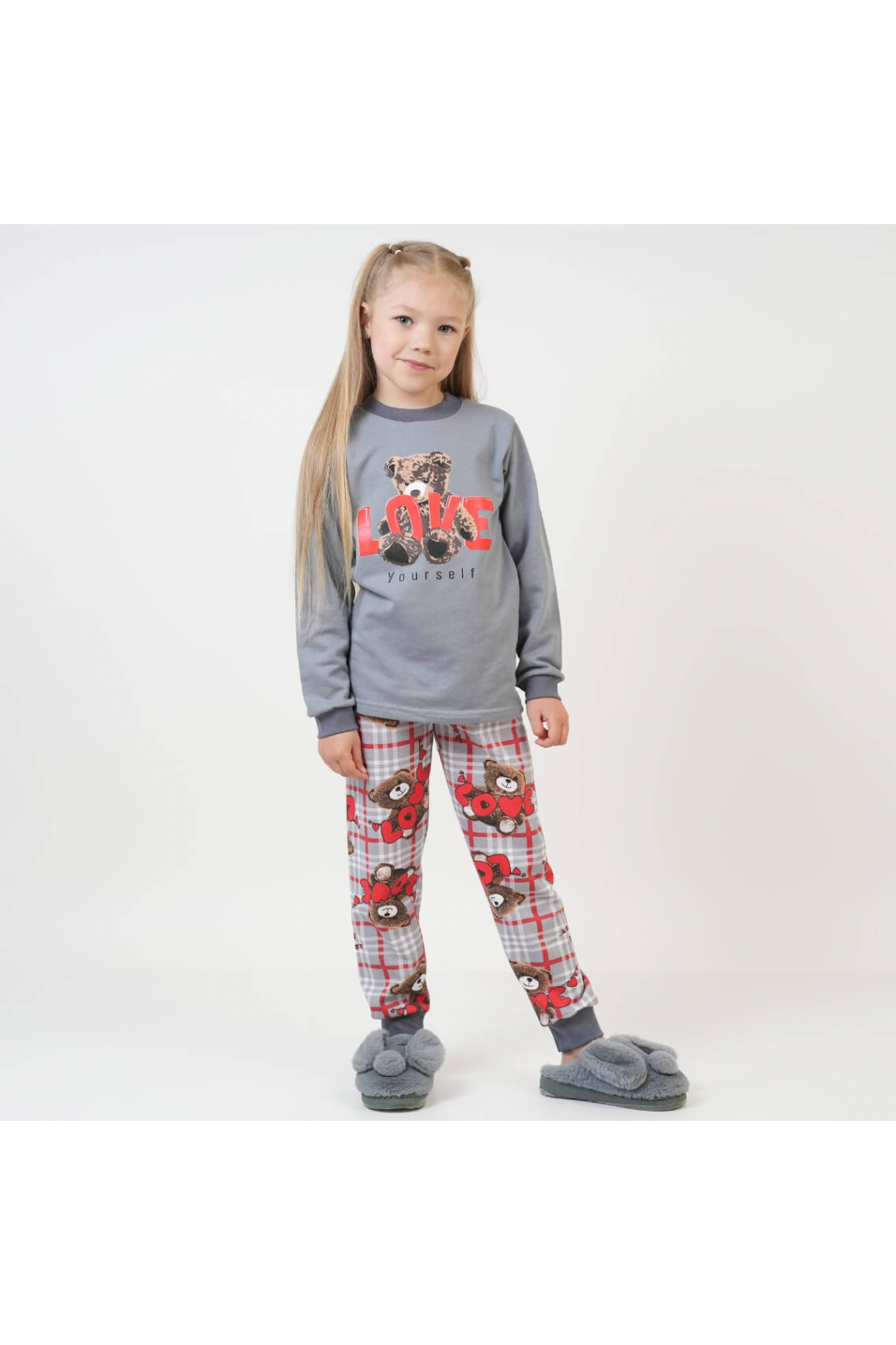 Піжама для дівчинки Ведмедик Сердечка графіт начіс(футер)