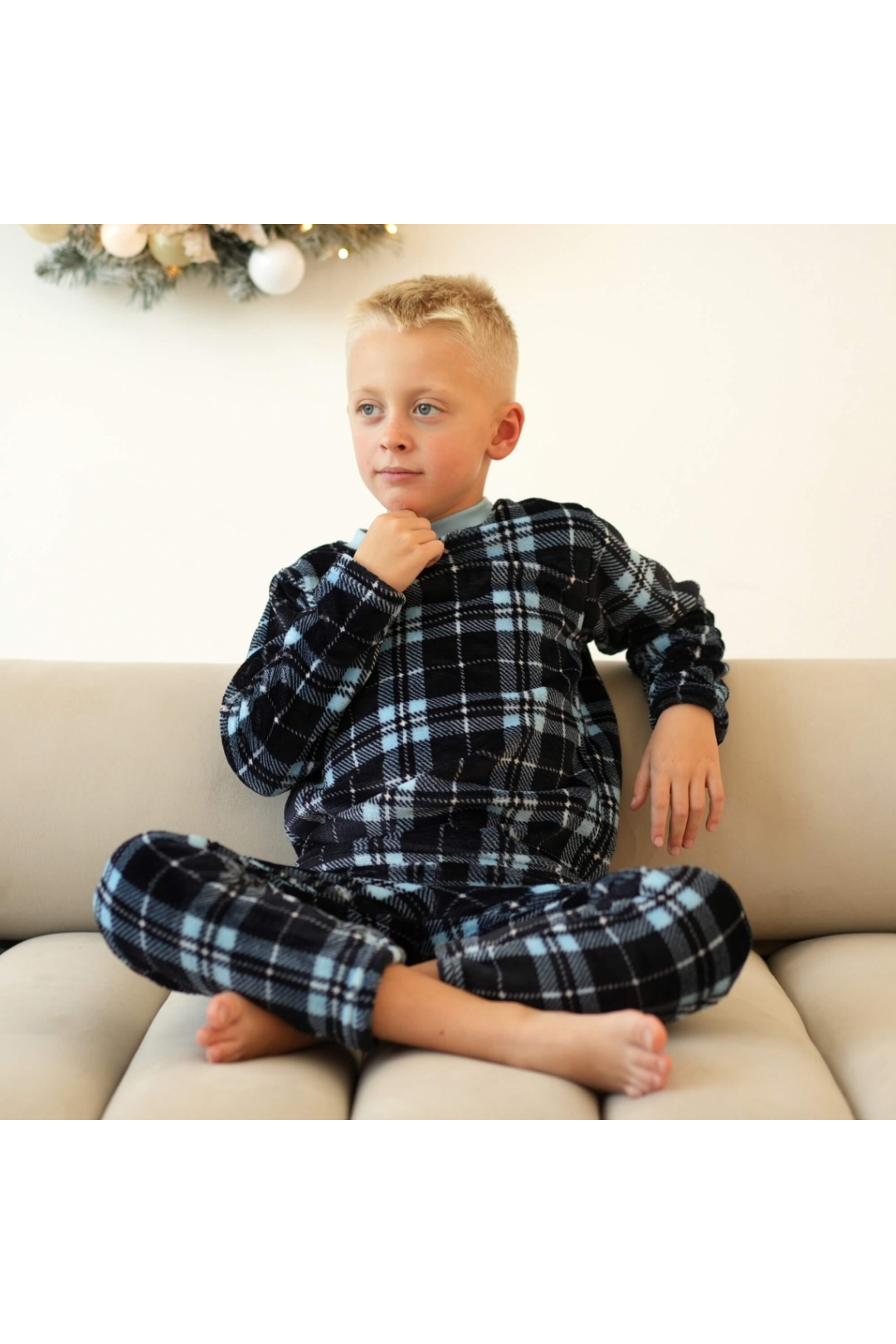 Піжама тепла для хлопчика Клітинка синій велсофт