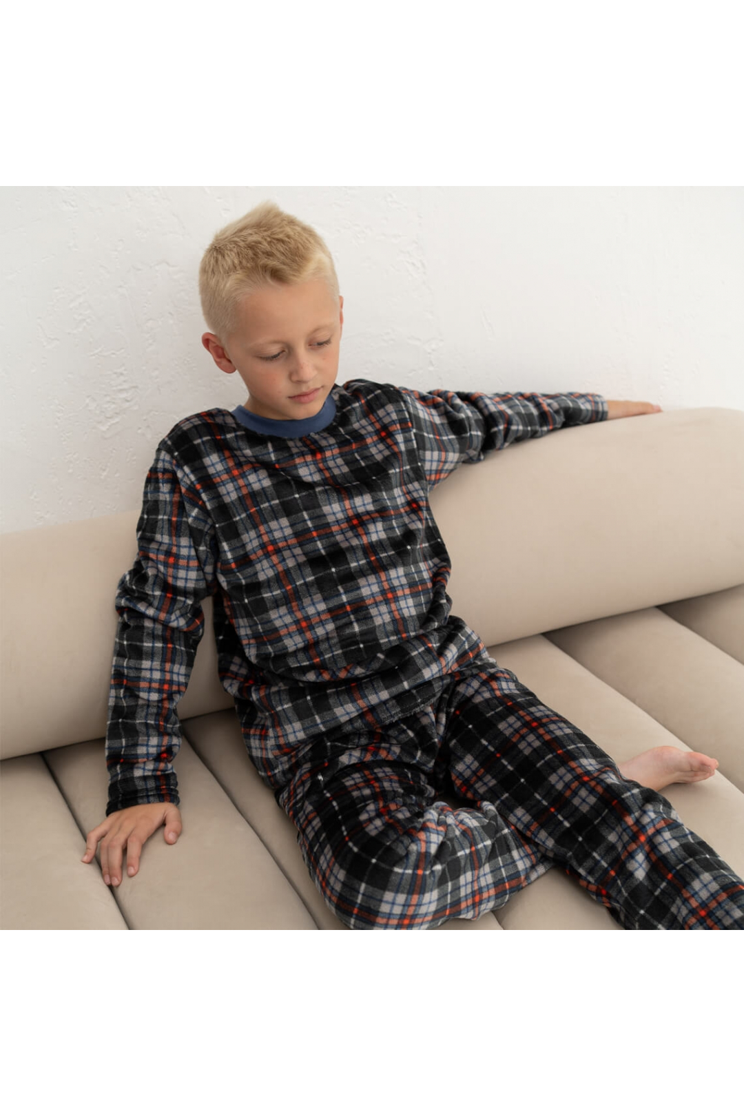 Піжама тепла для хлопчика Клітинка синій велсофт