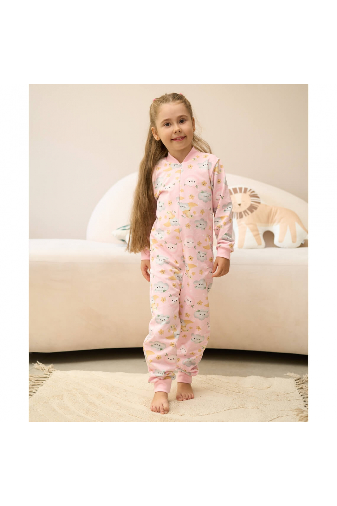 Піжама-комбінезон для дівчинки  Хмаринки рожевий начіс (футер)