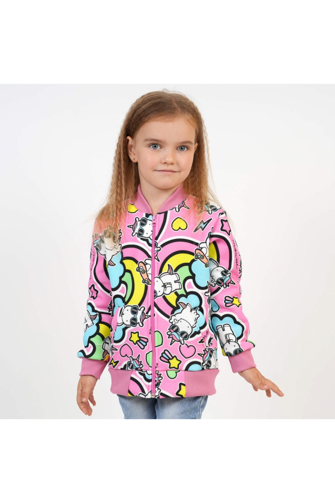Бомбер для дівчинки Киці рожевий тринитка на флісі