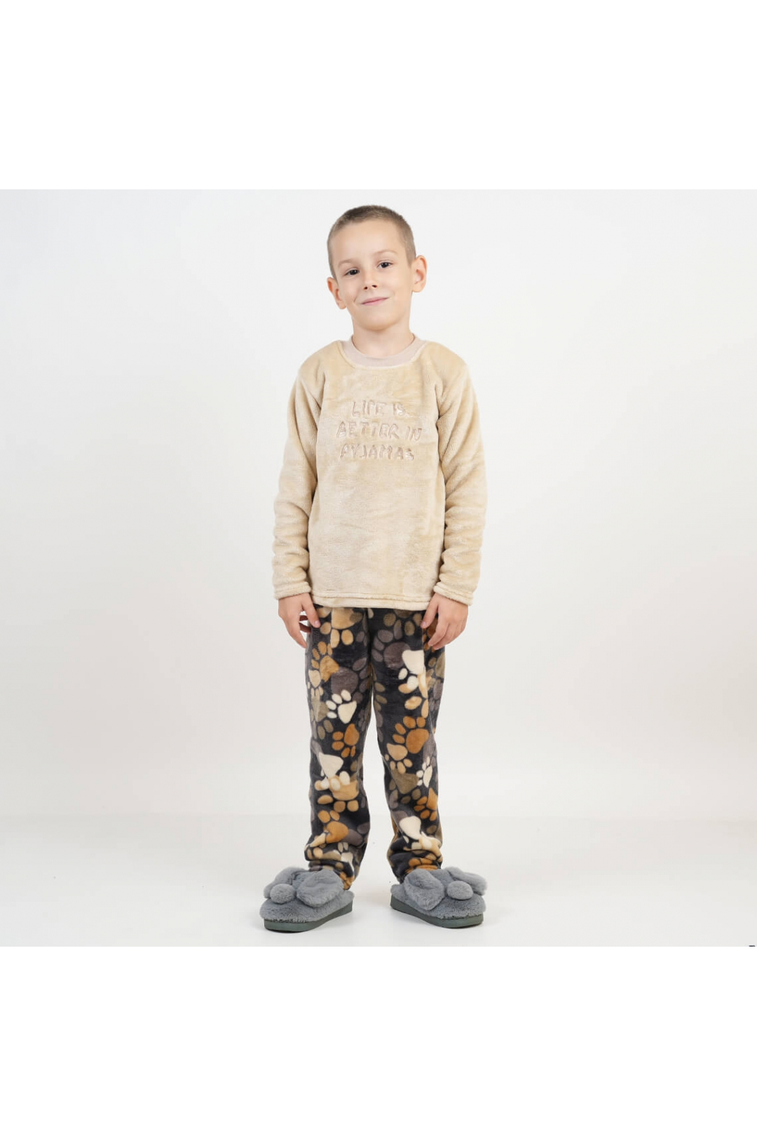 Піжама для хлопчика бежевий Лапки велсофт