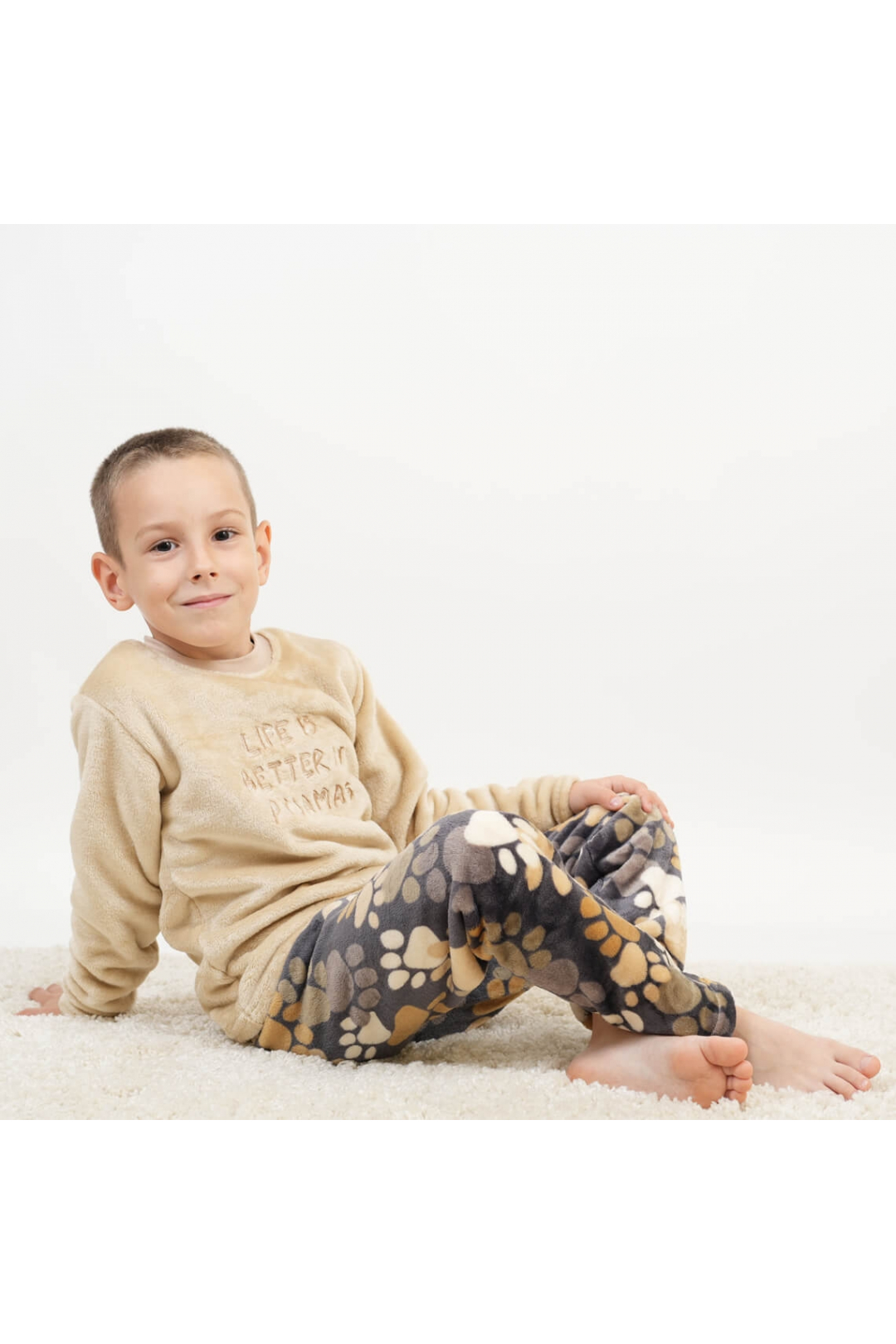 Піжама для хлопчика бежевий Лапки велсофт