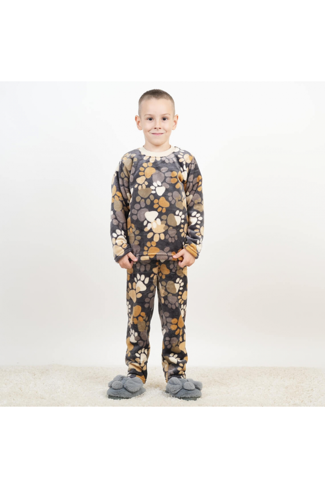 Піжама для хлопчика Лапки бежевий велсофт