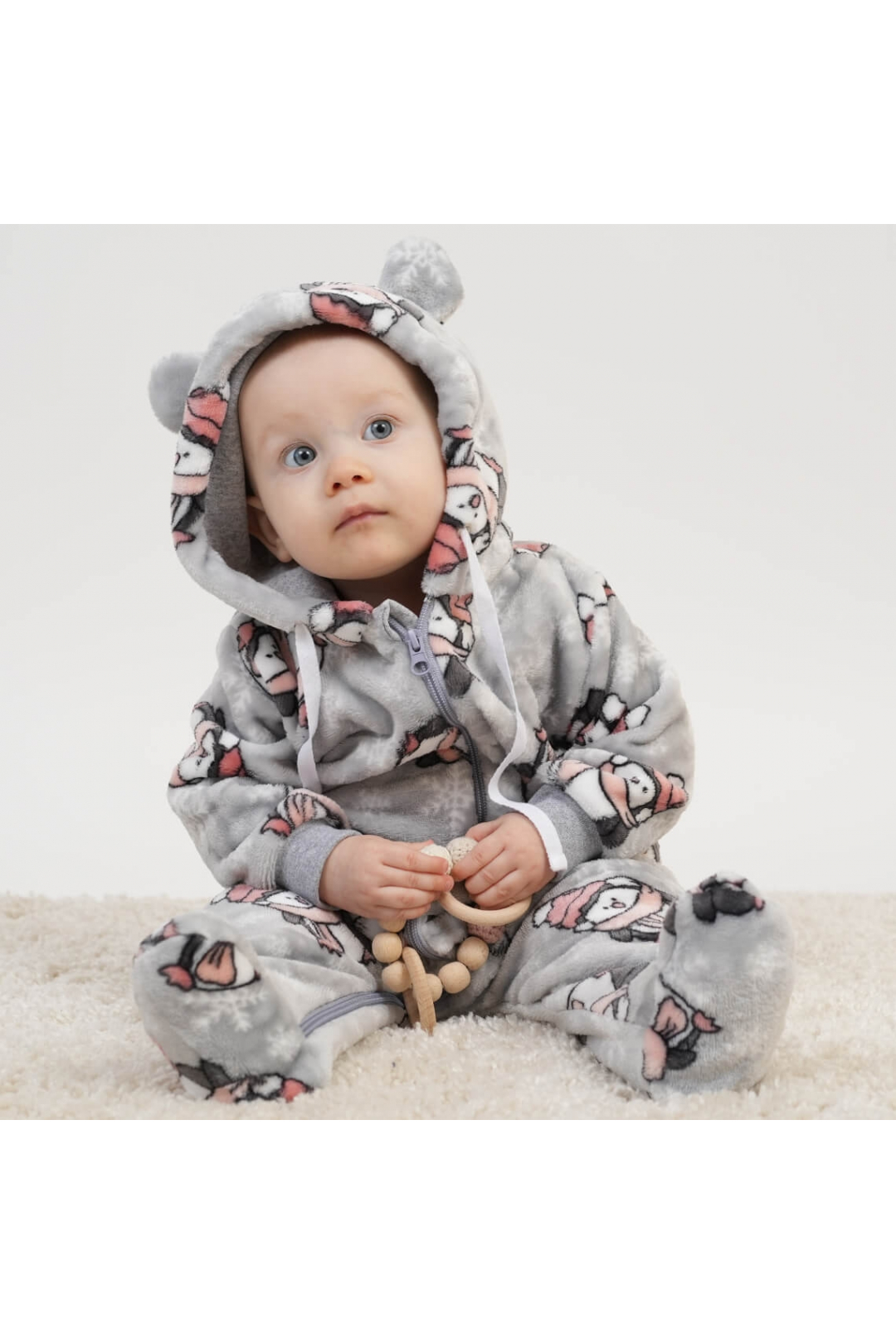 Комбінезон пухнастий для малят Пінгвіни сірий велсофт