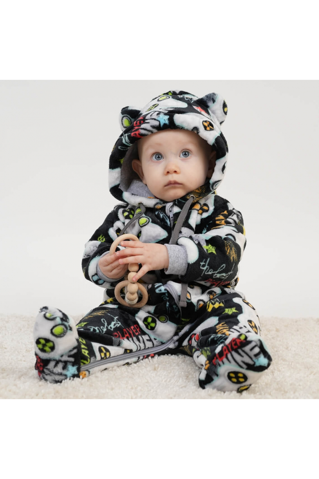 Комбінезон пухнастий для малят сірий Джойстики велсофт