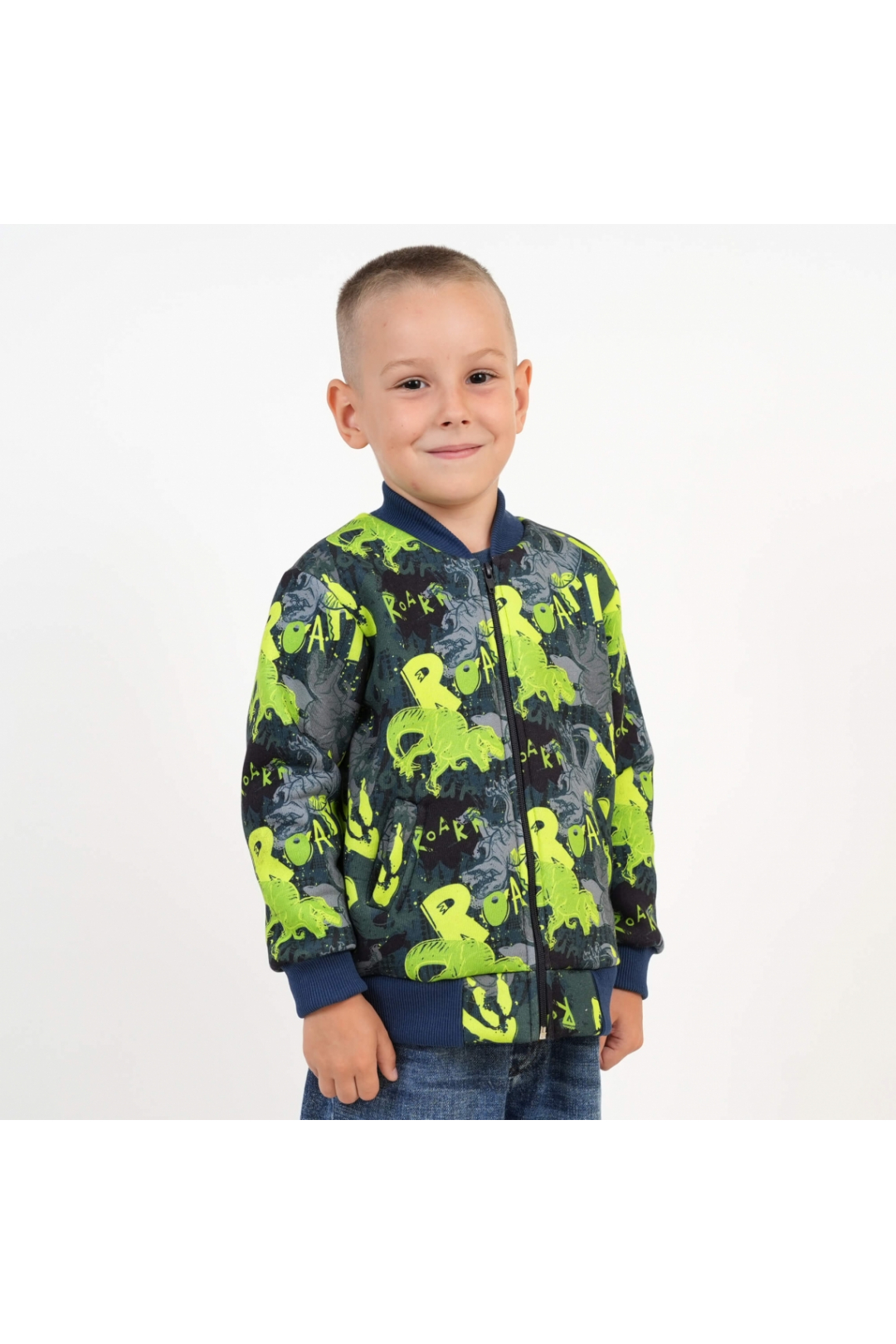 Бомбер для хлопчиків Діно синій тринитка на флісі