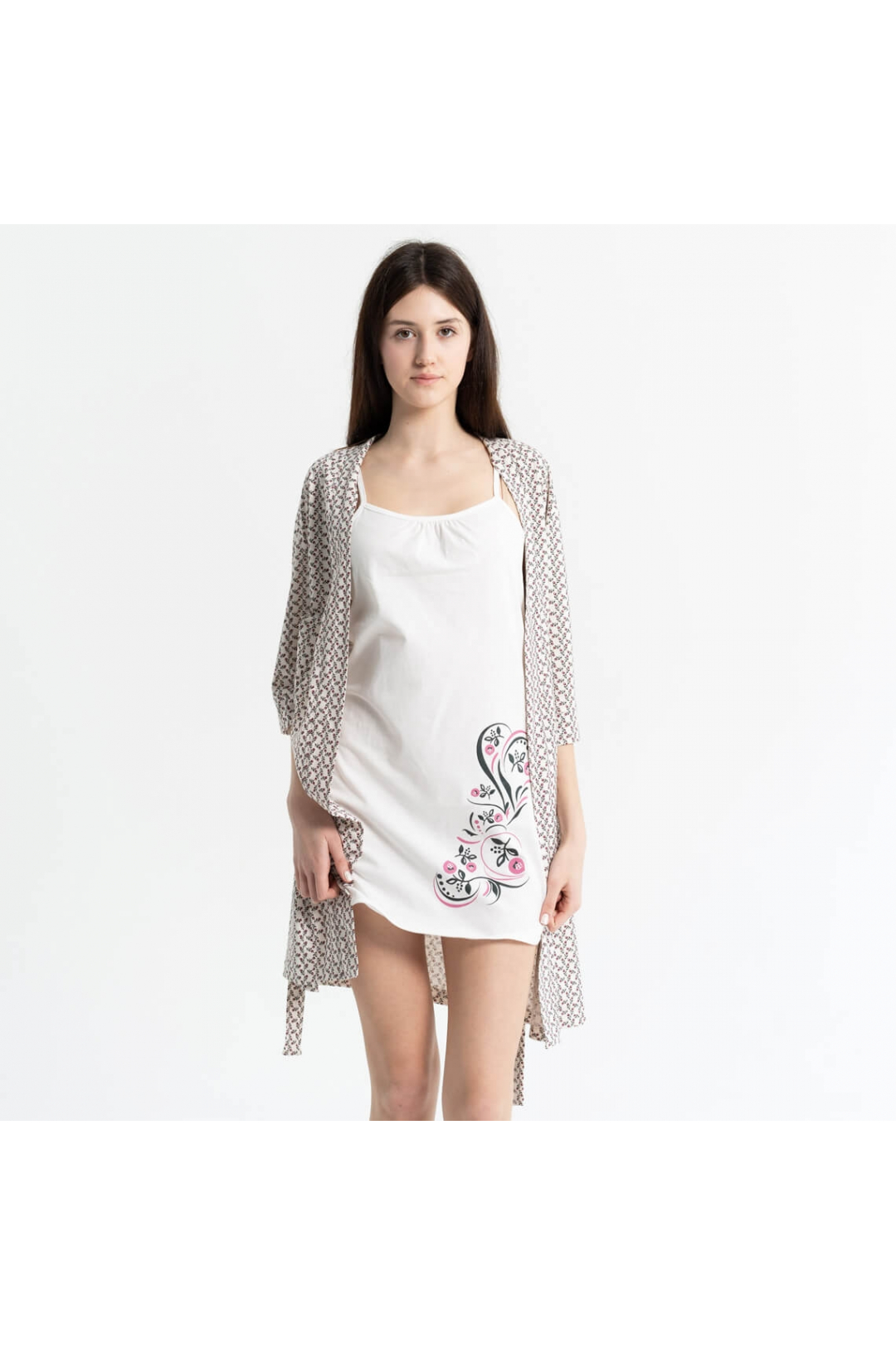 Комплект жіночий халат та сорочка Квіти бежевий кулір-пеньє