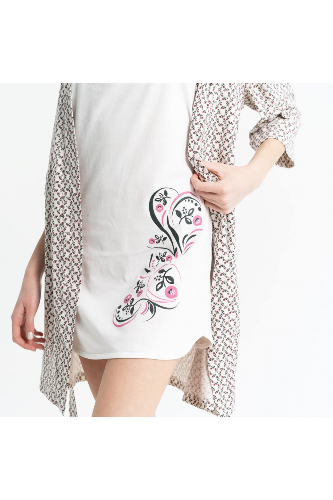 Комплект жіночий халат та сорочка Квіти бежевий кулір-пеньє